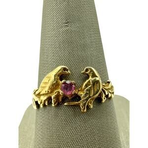 14K Yellow Gold 2 Birds & Pink Stone Ring (17121)